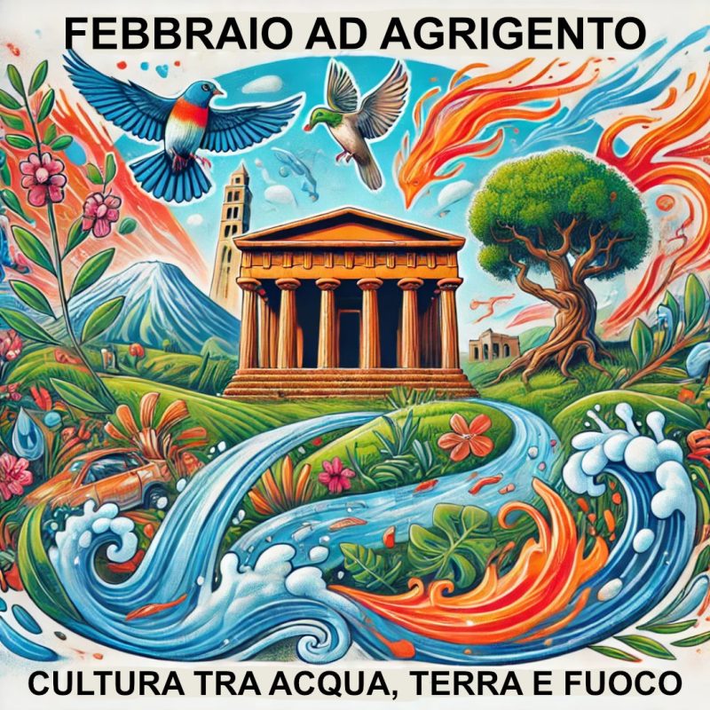 Illustrazione colorata di Agrigento con elementi simbolici di aria, acqua, terra e fuoco, il Tempio della Concordia e un paesaggio naturale.