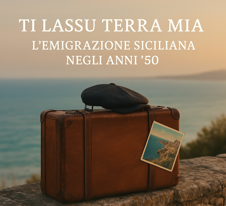 Valigia di cuoio con berretto scuro e cartolina della Sicilia, appoggiata su un muretto con vista mare al tramonto, simbolo dell’emigrazione siciliana negli anni ’50.