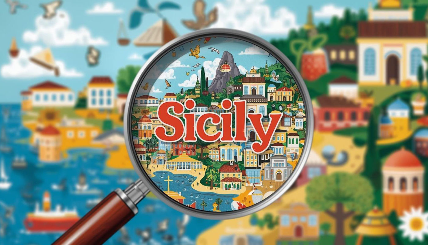 Illustrazione colorata della Sicilia vista attraverso una lente di ingrandimento, con il nome “Sicily” al centro e dettagli di città, mare, montagne e paesaggi tipici dell’isola.